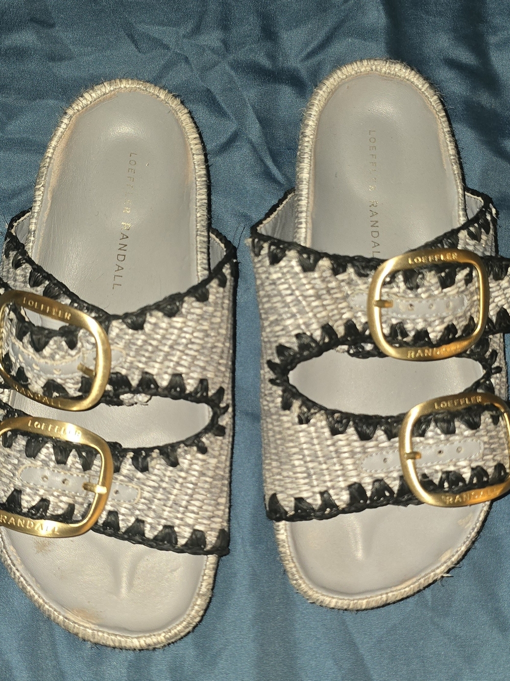 Loeffler Randall Beige Woven Double-Buckle Slide Mules with Black Trim